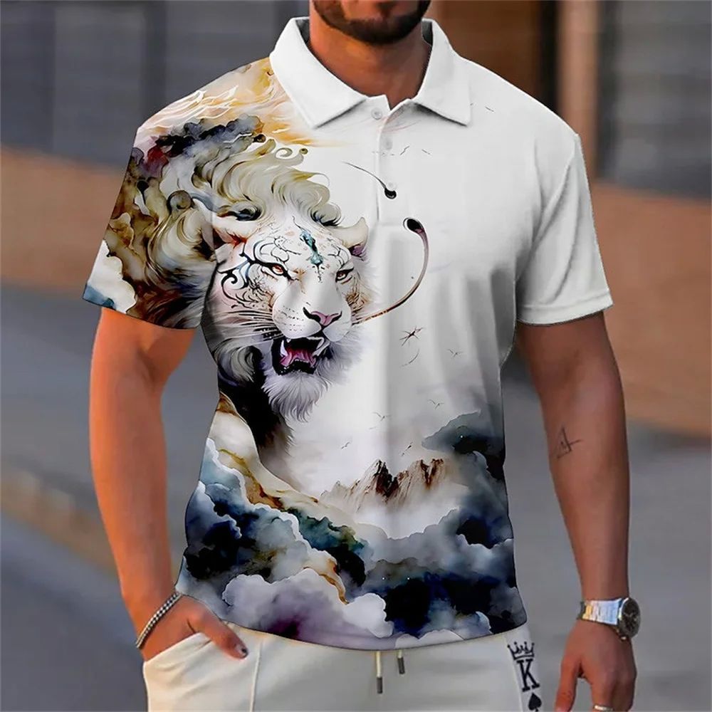 翻领印花开襟单排扣T恤男 Flip collar printed open top T-shirt