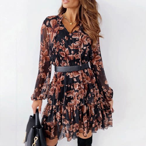 Printed V-Neck Long Sleeve Ruffle Dress印花V领长袖荷叶边短裙