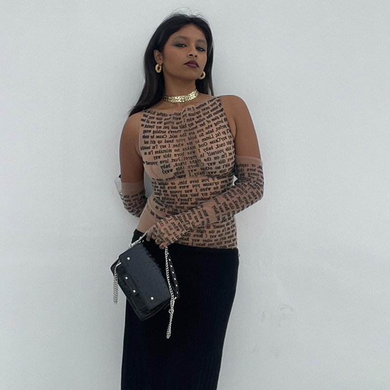 Mesh letter printed sleeveless top圆领网纱字母印花无袖上衣女