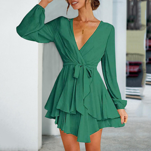 High Waist V-Neck Solid Color A-Line Dress纯色AV领字连衣短裙