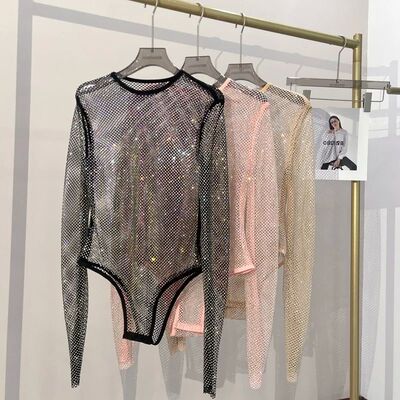 网纱透视贴钻连体衣Mesh see through diamond studded jumpsuit