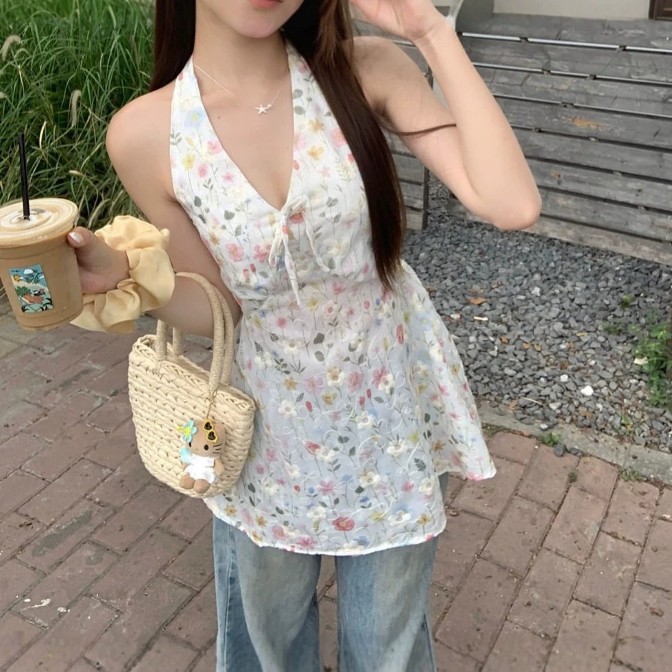 法式碎花刺绣v领挂脖绑带