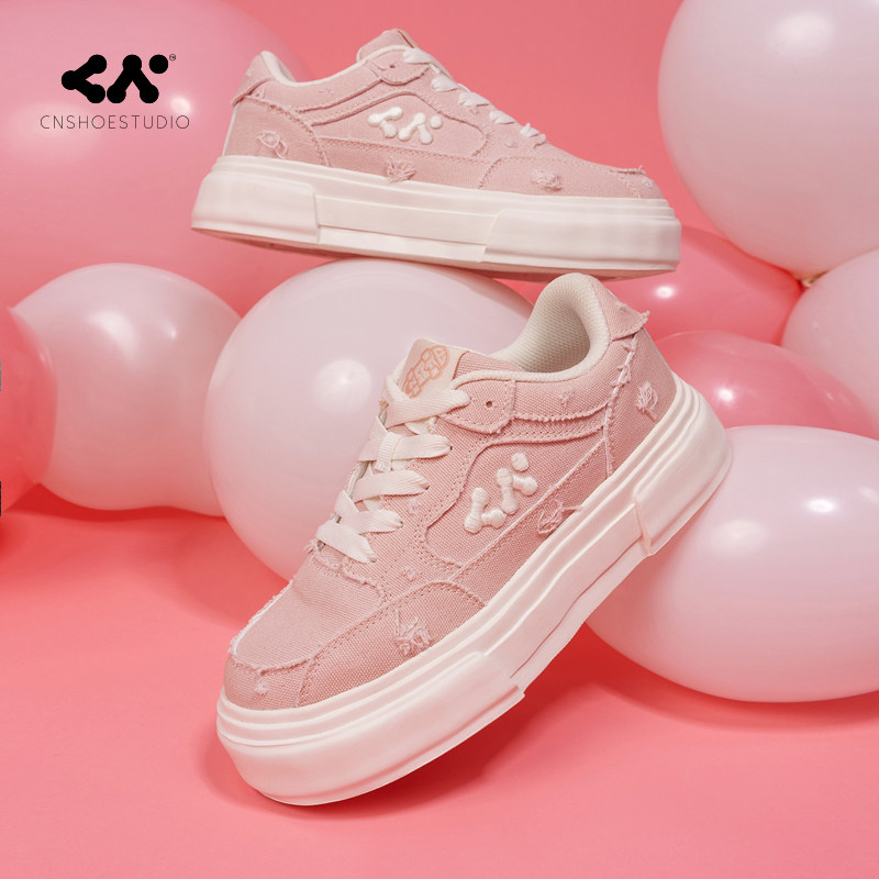 CN板鞋女款2025新款帆布鞋女ins粉色厚底增高学生轻便休闲鞋