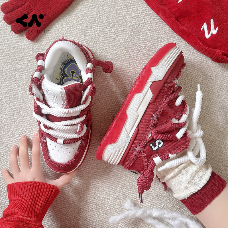 复古大红特红面包鞋休闲板鞋女鞋