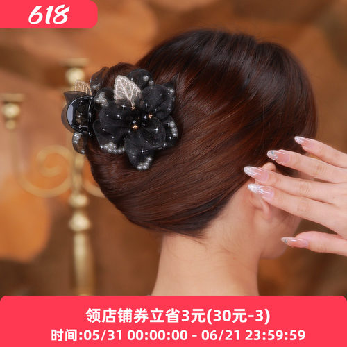铂思亚2026新款花朵发夹女复古精致网纱抓夹黑色时尚鲨鱼夹头饰