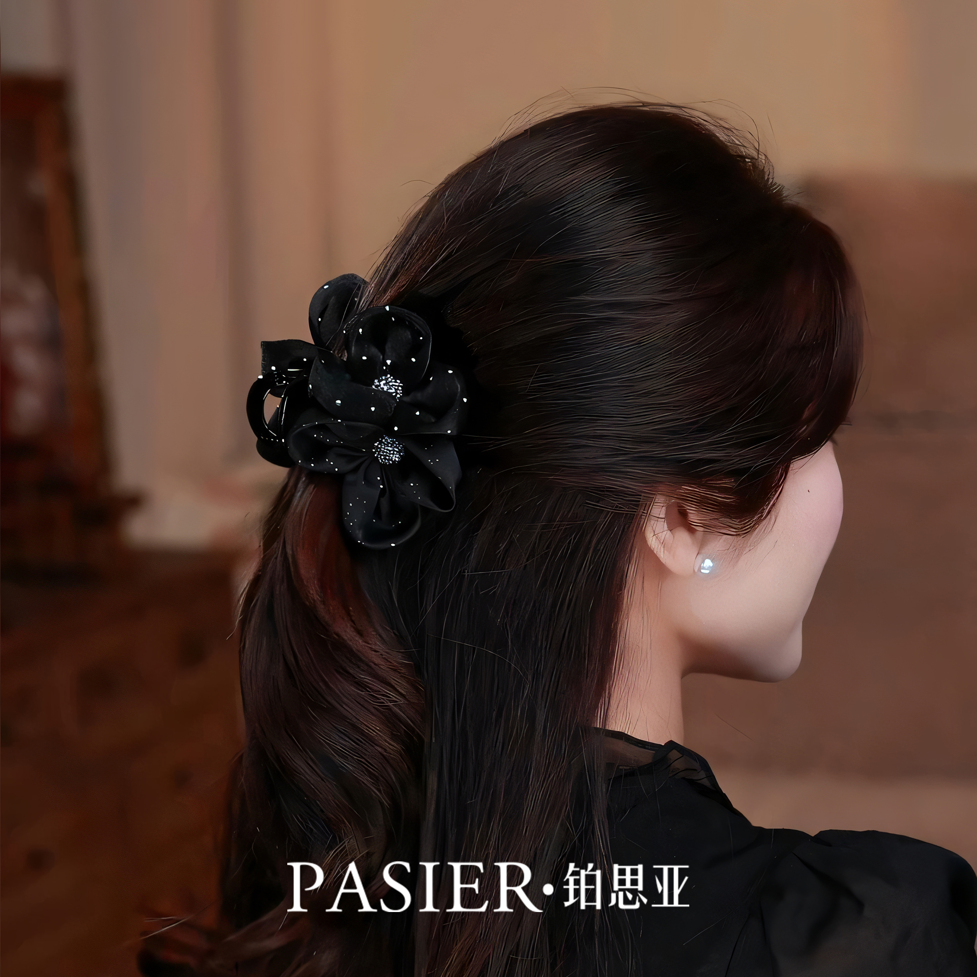 铂思亚巴黎王妃发夹女复古黑色玫瑰抓夹优雅气质鲨鱼夹新款头饰