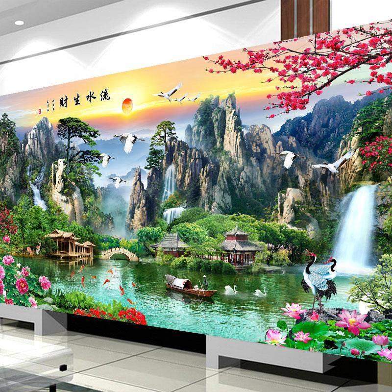 2024新款手工自己线绣客厅山水风景画印花十字绣流水生财满绣刺绣