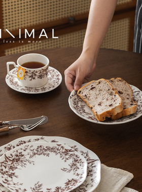 法式复古陶瓷餐具盘子中古西餐盘高级感红蓝色花鸟图案水果甜品盘