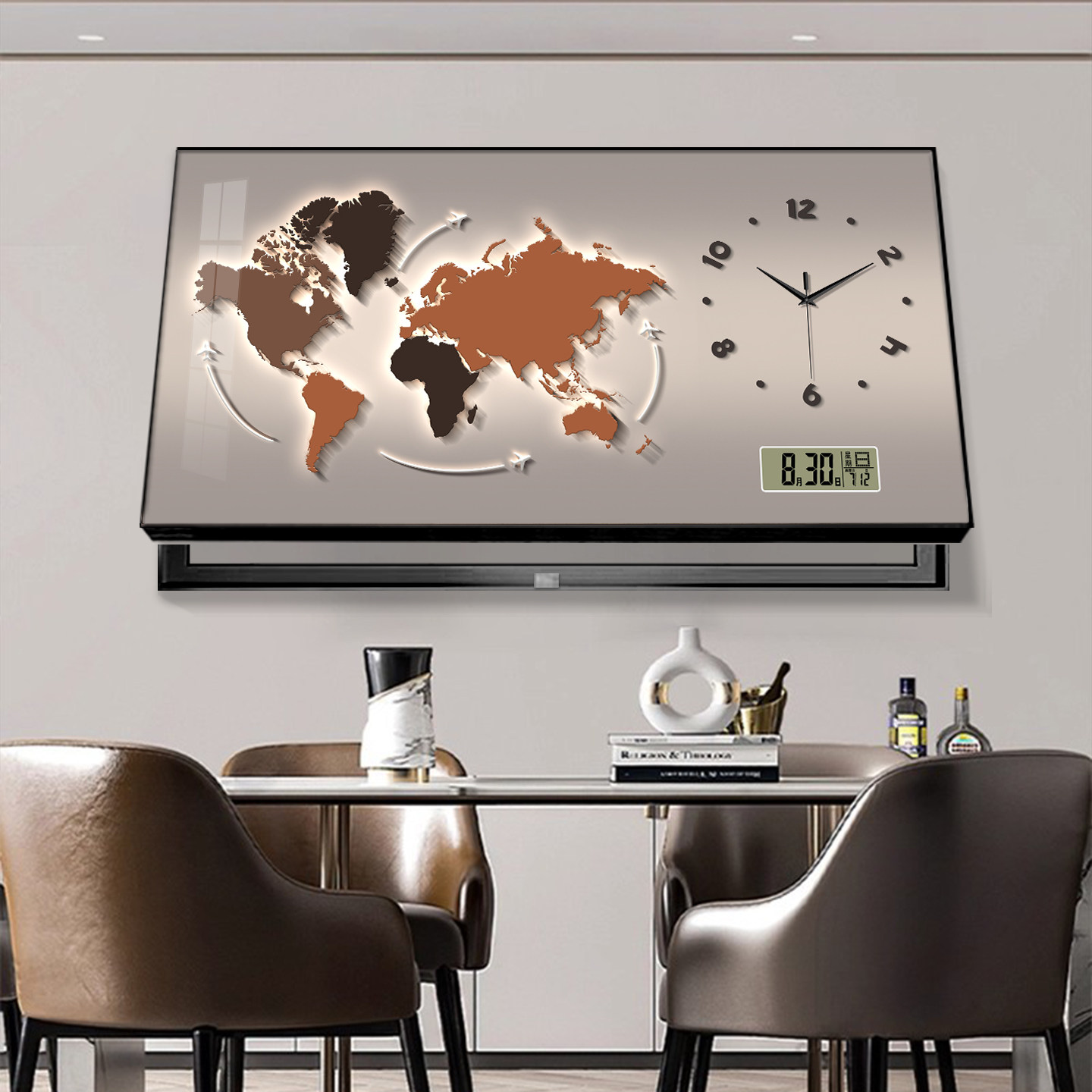 覆古世界地图电表箱装饰画 画钟表万年历电闸开 关盒挂画 画配电