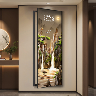 流水生财电表箱装饰画电子屏时钟迎客松竖款大尺寸电闸盒遮挡挂画