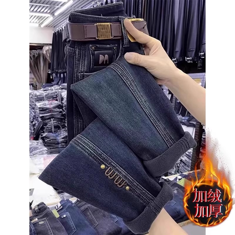 大码加绒加厚直筒牛仔裤女冬季小个子高腰显瘦九分老爹萝卜哈伦裤