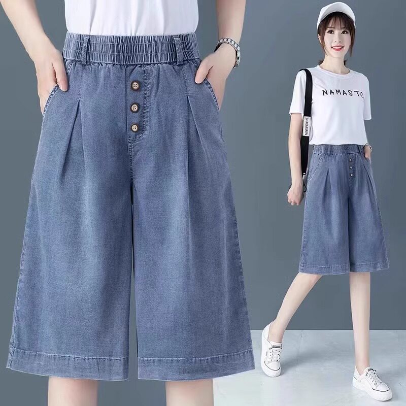 天丝牛仔短裤女夏季薄款2025新款阔腿休闲中裤高腰显瘦冰丝五分裤图片