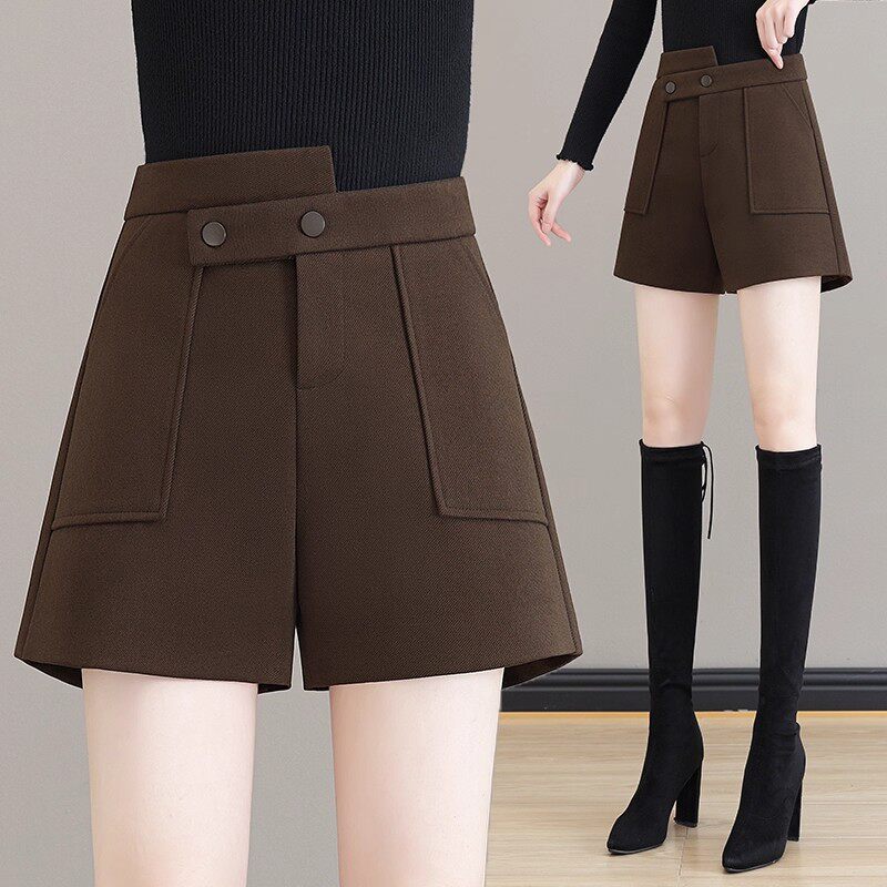 咖啡色毛呢短裤女休闲裤子