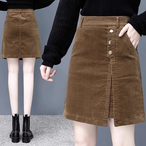 灯芯绒A字半身裙秋冬2025新款韩版高腰显瘦包臀裙设计感大码短裙