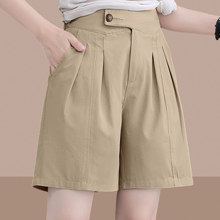 日系卡其色短裤女2025新款夏款大码胖mm宽松显瘦高腰阔腿五分裤子