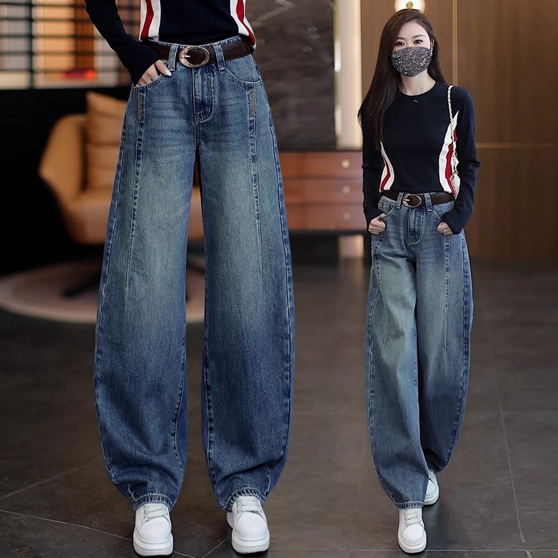 弯刀牛仔裤新款加绒保暖九分裤时尚美式百搭香蕉裤窄版直筒阔腿裤