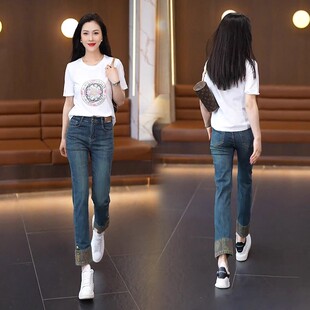 窄版牛仔裤女2026年新款春款九分高腰直筒裤国风新中式翻边烟管裤