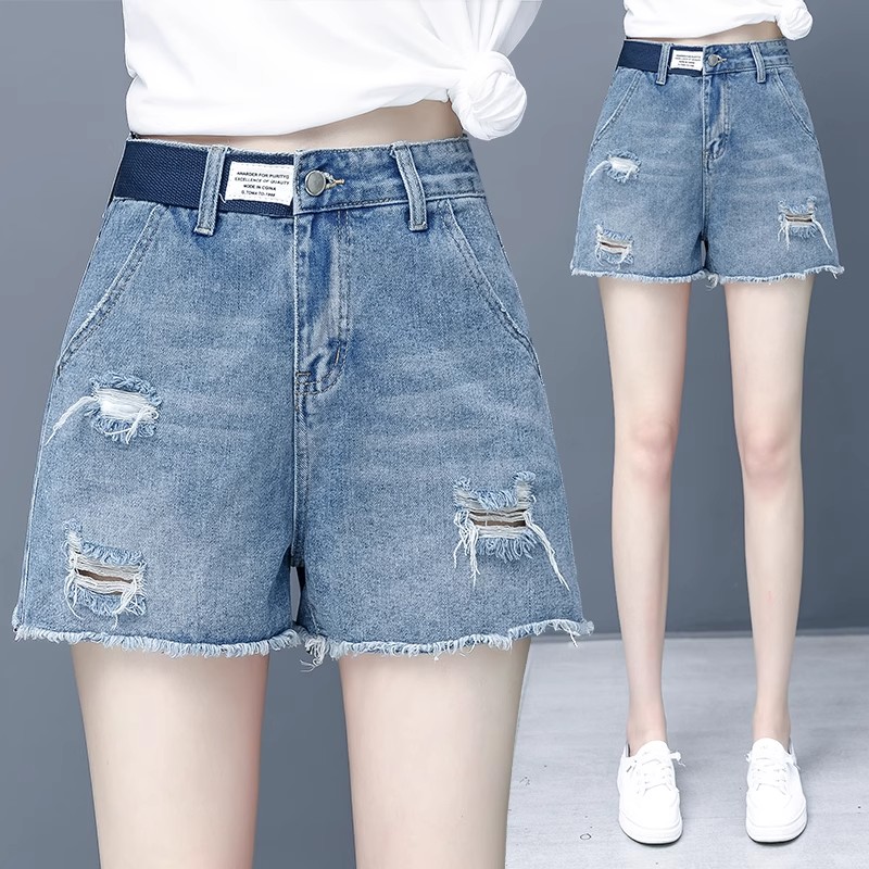 破洞牛仔短裤女2025年夏季新款高腰显瘦阔腿裤宽松薄款a字热裤潮