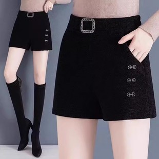 黑色水貂绒短裤女秋冬季松紧腰直筒阔腿裤子显瘦气质平绒外穿靴裤