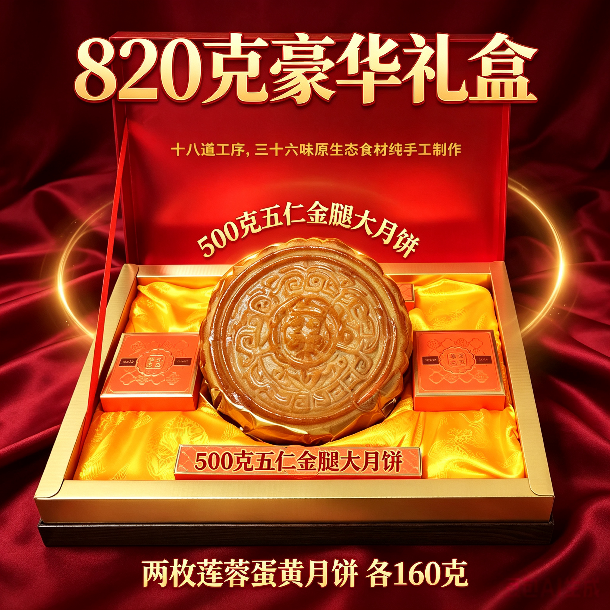 李记尊品五仁金腿大月饼820g莲蓉蛋黄广式月饼中秋送礼豪华礼盒装