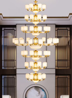 新中式全铜实木客厅吊灯大气中古风禅意餐厅卧室别墅复式楼大吊灯