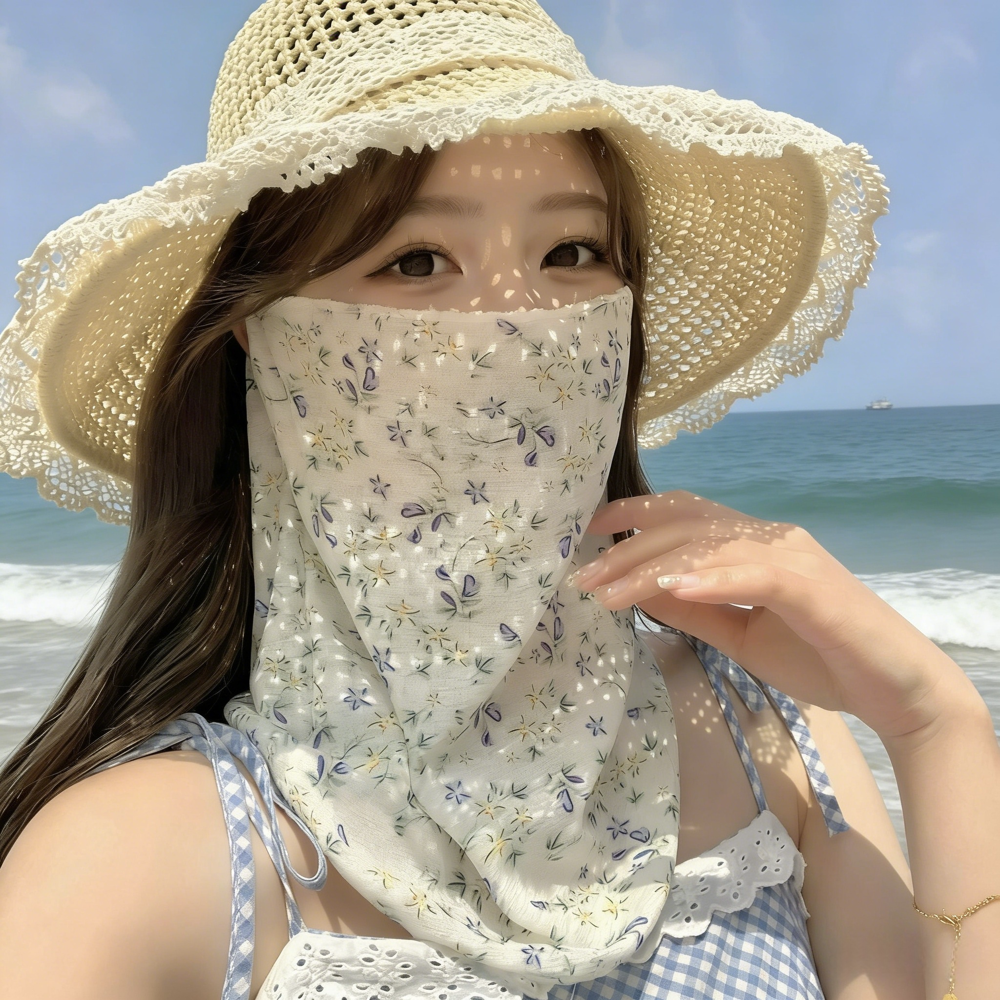 夏季防晒面罩女全脸开车骑行面纱拍照好看碎花口罩遮脖子护颈脖套