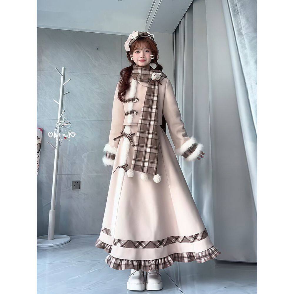 焦糖小熊秋冬氛围感甜美卡其色格子拼接毛呢围巾外套半身裙套装女
