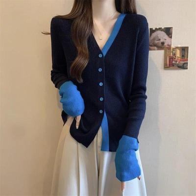 蓝色短款假两件v领针织开衫女秋冬穿搭高级感内搭修身上衣打底衫