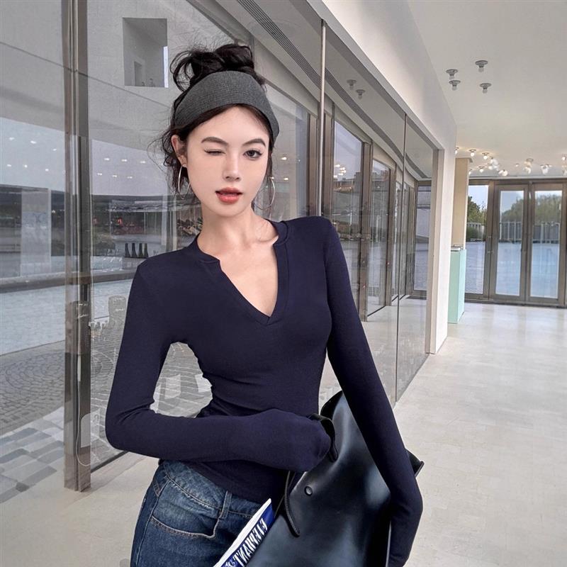 纯欲风设计感半开领长袖T恤女2025秋季修身显瘦纯色百搭学生上衣