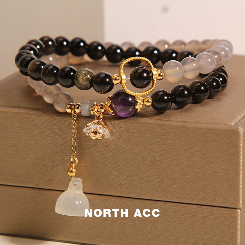 NORTHACC中式天然灰玛瑙双圈水晶手链女金曜石手串莲蓬吊坠手环