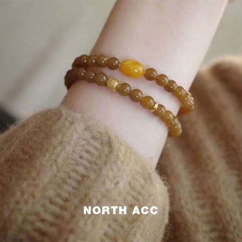 NORTHACC新中式复古焦糖色天然珠手链双圈叠戴手串小众设计高级感