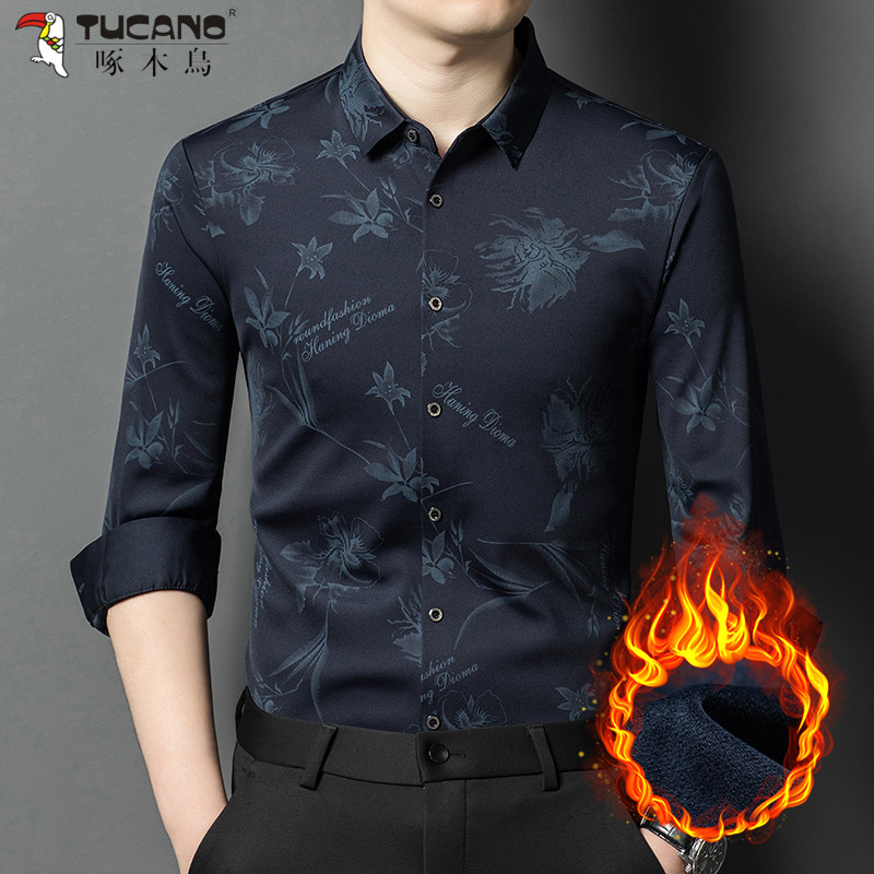 啄木鸟冬季高档长袖衬衫男中年加绒加厚休闲翻领保暖免烫印花衬衣