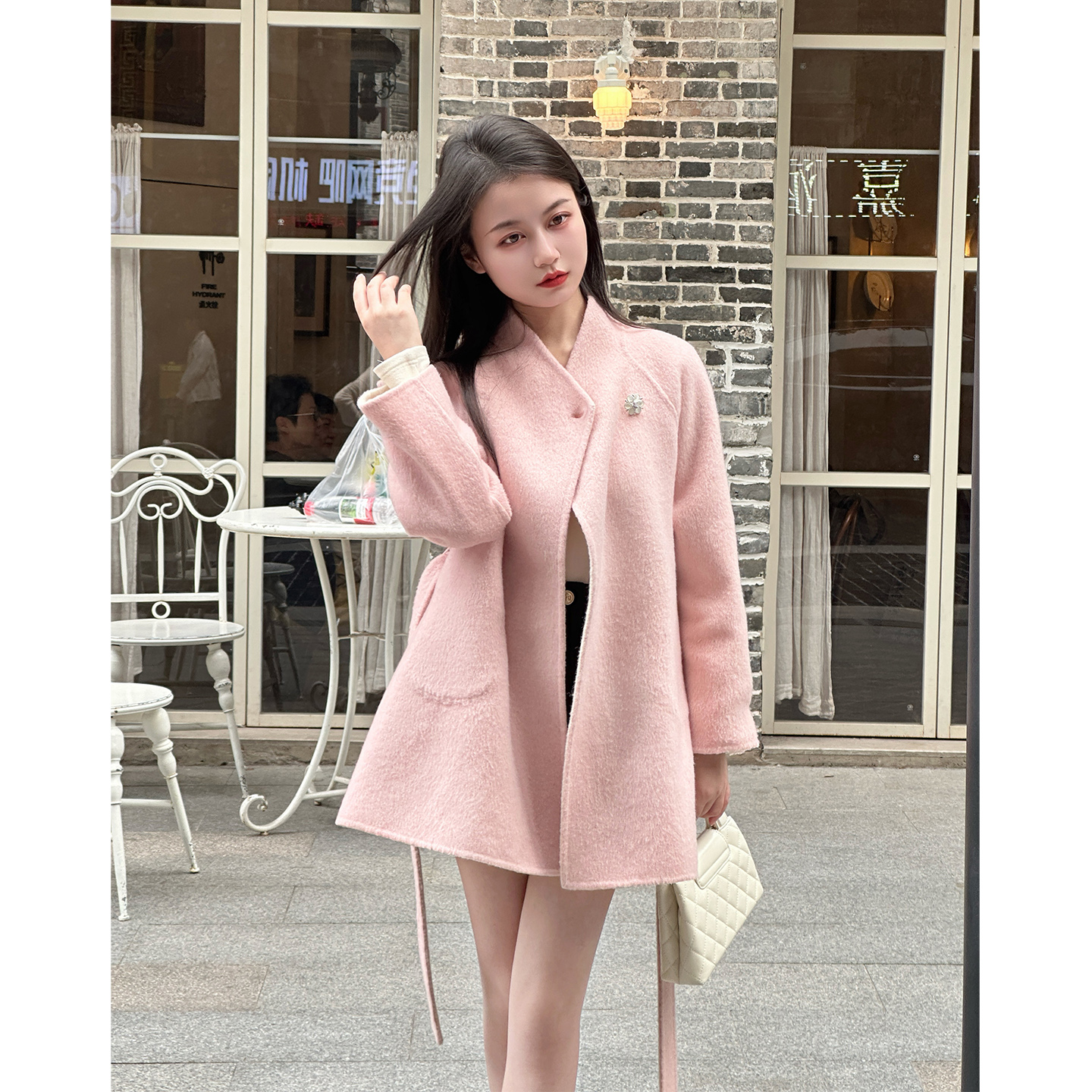 【粉桃信笺】小娜椒小个子秋冬粉白系带中长款双面呢大衣外套女