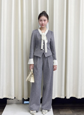 【加州灰调】小娜椒小个子气质轻奢灰色毛呢短外套直筒裤两件套女