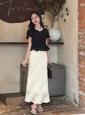 【曼乐之城】小娜椒小个子时尚黑色V领收腰上衣蕾丝半身裙套装女