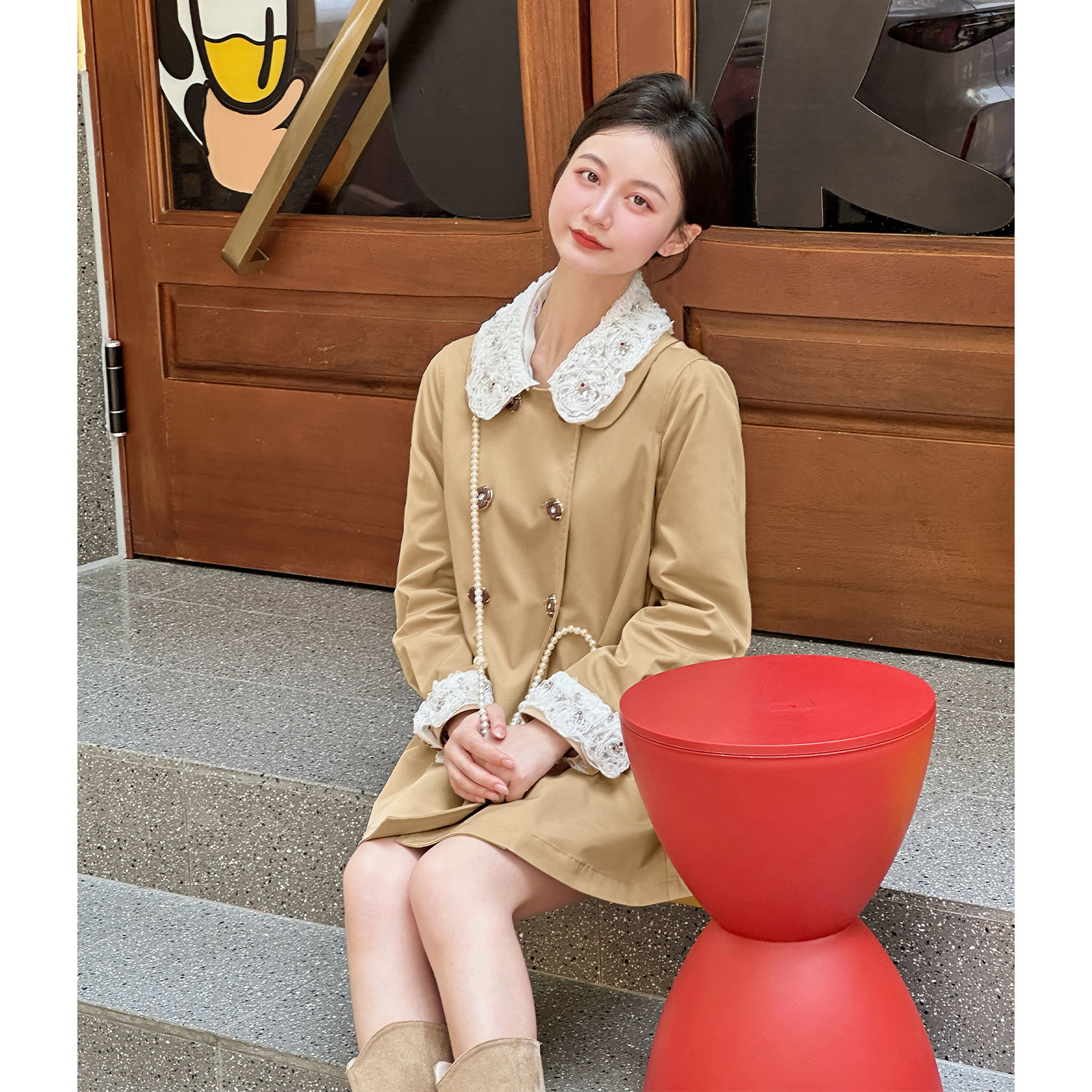 【秋日序章】小娜椒小个子秋季气质蕾丝娃娃领中长款风衣外套女