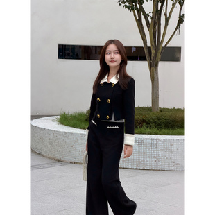 【黑色奥义】小娜椒小个子黑白撞色双排扣短外套气质直筒裤套装女