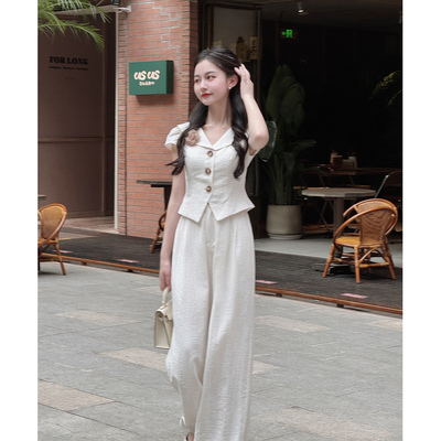 【雨后巴黎】小娜椒小个子通勤海军领收腰显高上衣阔腿裤套装女