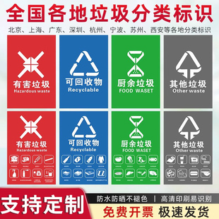 全国各地地区垃圾分类标识贴北京上海广东深圳杭州宁波苏州西安垃圾分类标示有害可回物收厨余其他垃圾告示牌