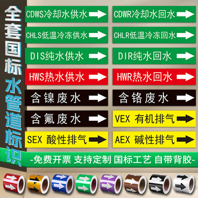 国标水管道标识流向介质CDWR冷却水回水循环水高中低区给水含铬镍废水排气体色环箭头反光膜标签化工管道定做