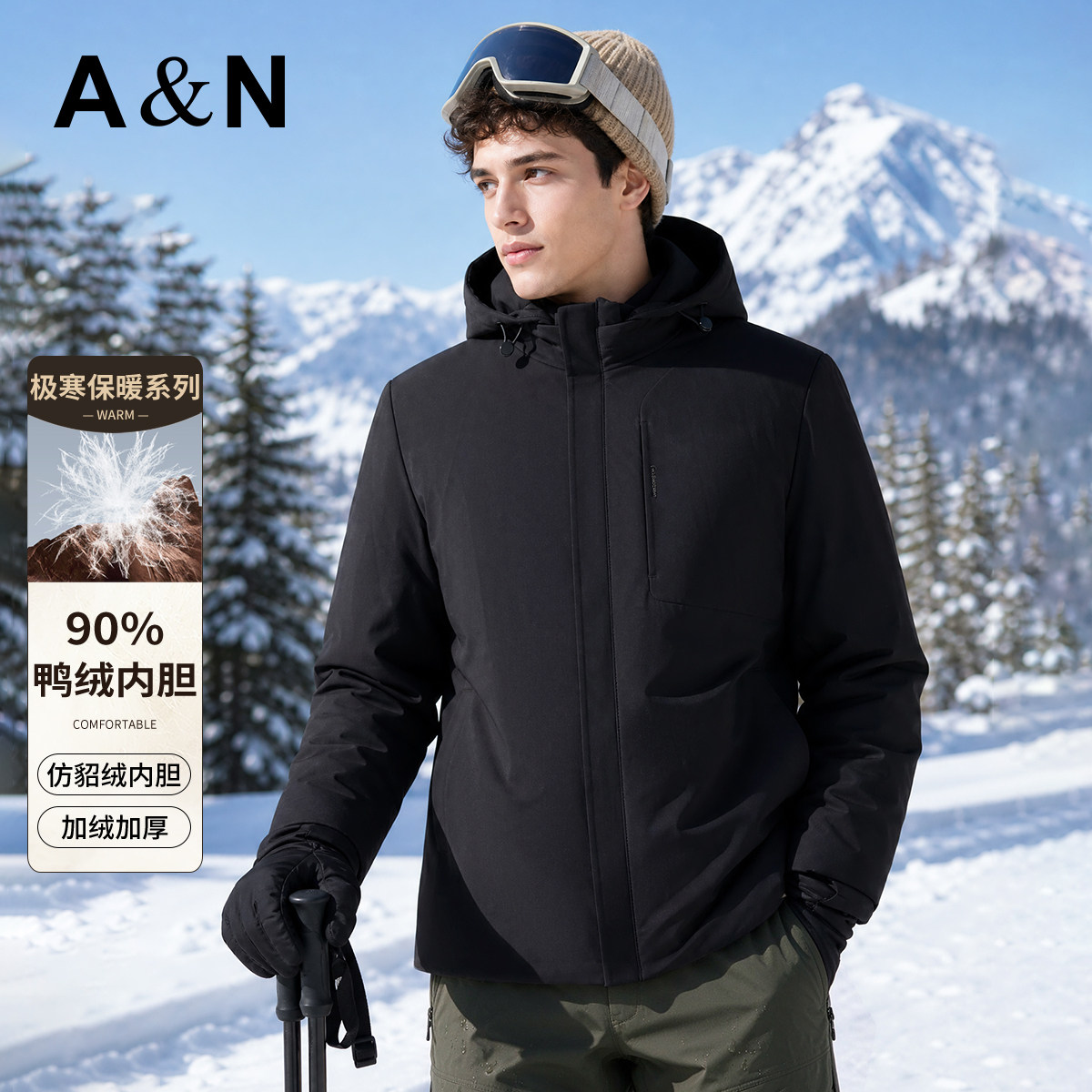 【90鸭绒&仿貂绒内胆】AntonNeal加绒连帽外套男冬户外加厚羽绒服