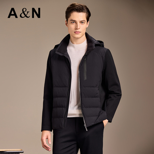 【针织拼接90鹅绒】AntonNeal休闲连帽轻薄保暖羽绒服外套男短款
