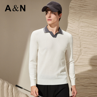 AntonNeal男装 高级华夫格肌理针织衫秋季羊毛混纺海鸥领长袖T恤