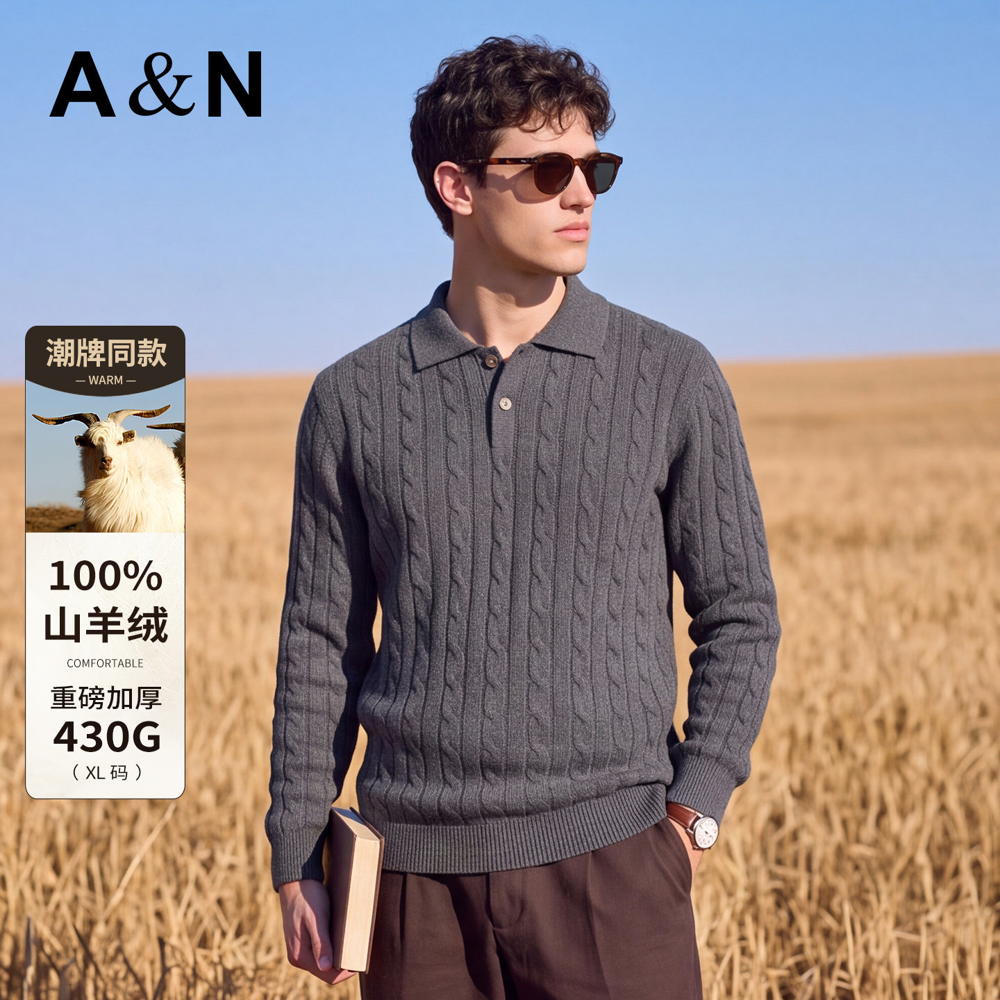 [100%山羊绒]AntonNeal长袖POLO领针织衫男秋冬轻奢加厚羊绒毛衣