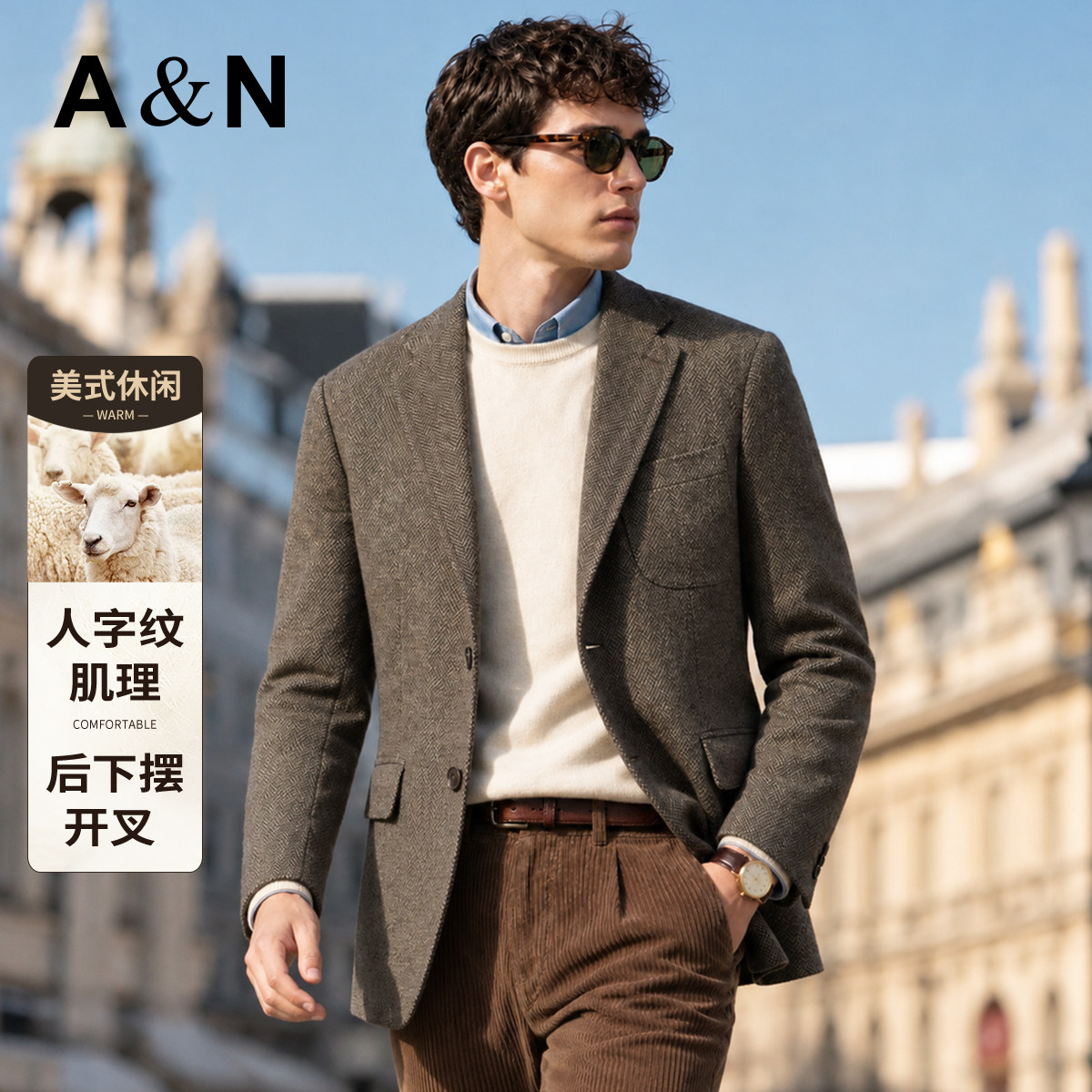 【含绵羊毛&人字纹肌理】AntonNeal商务羊毛单西服男秋冬西装外套