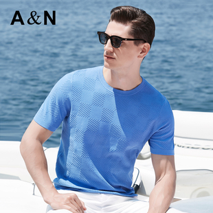 【棉麻+桑蚕丝】安东尼奥针织短袖男格纹肌理提花夏t恤亚麻打底衫