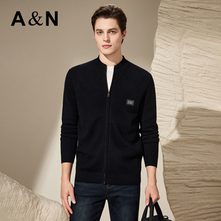 AntonNeal男装 100%绵羊毛针织开衫秋季长袖休闲半高领毛衣外套