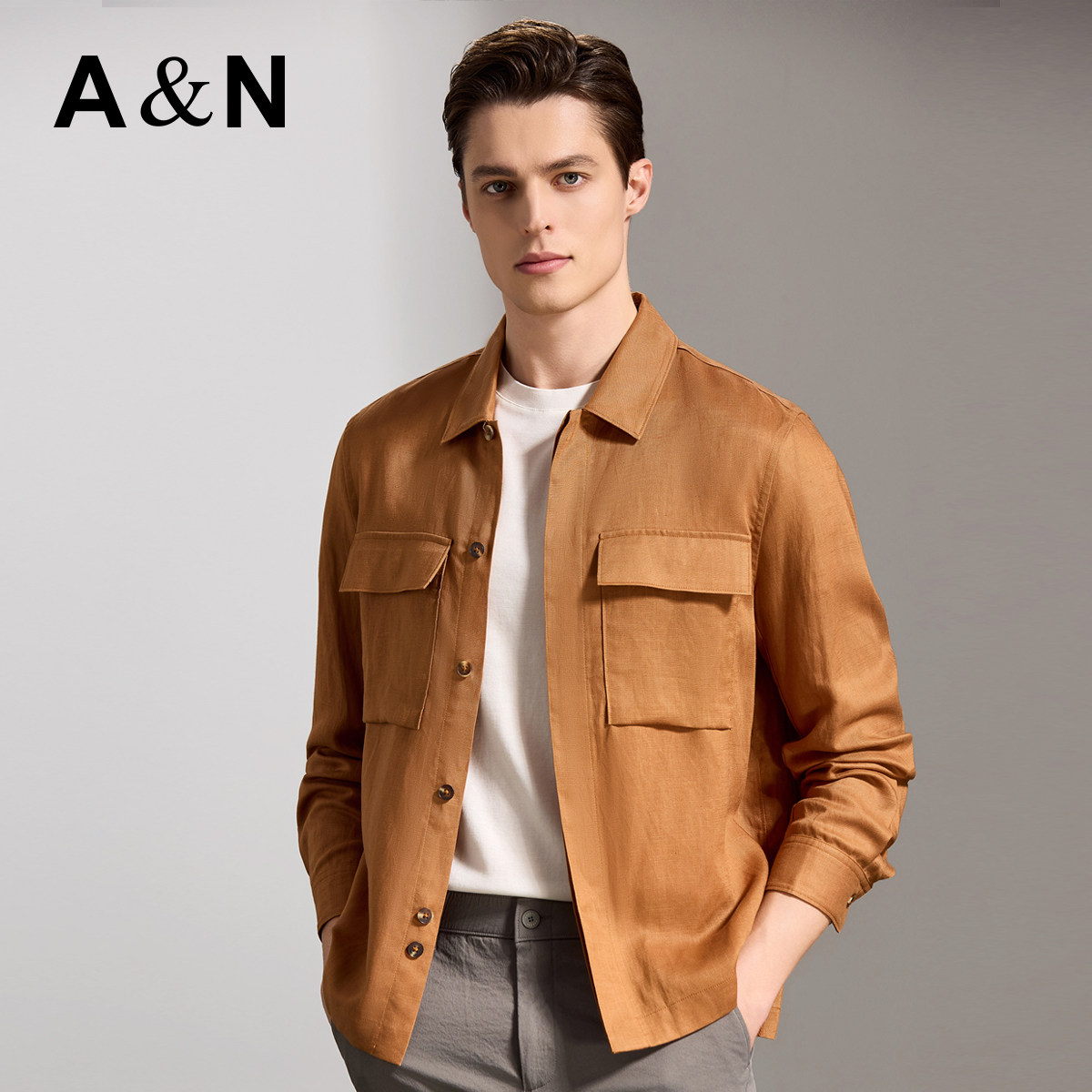【25%亚麻75%天丝】AntonNeal老钱风可机洗外套男轻薄透气衬衣春
