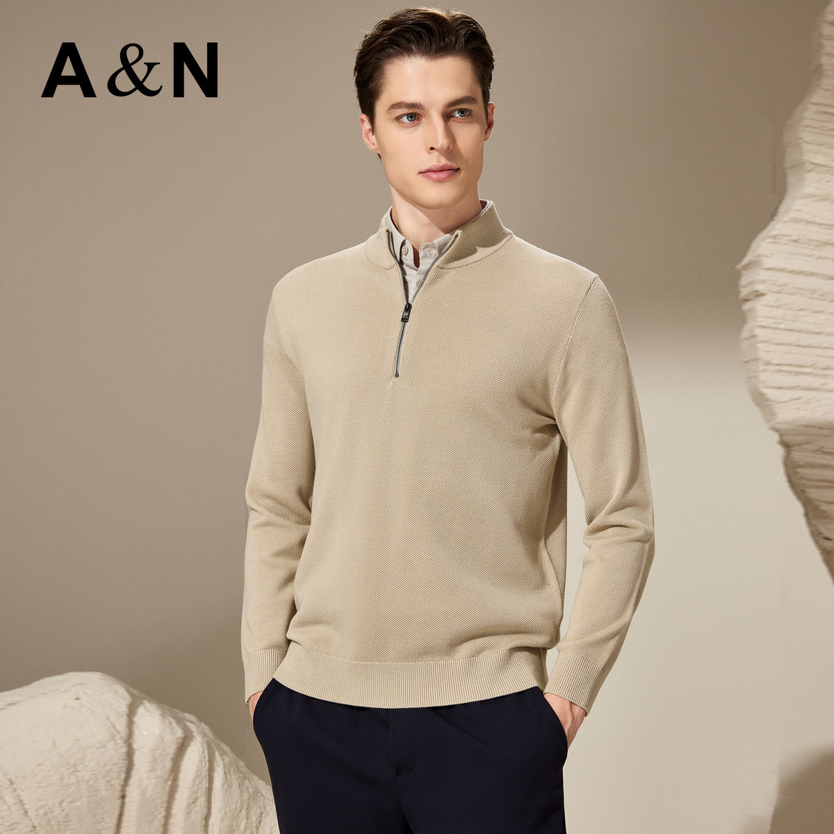 【老钱风&含羊毛重磅】可机洗加厚毛衣男秋冬半拉链领套头针织衫