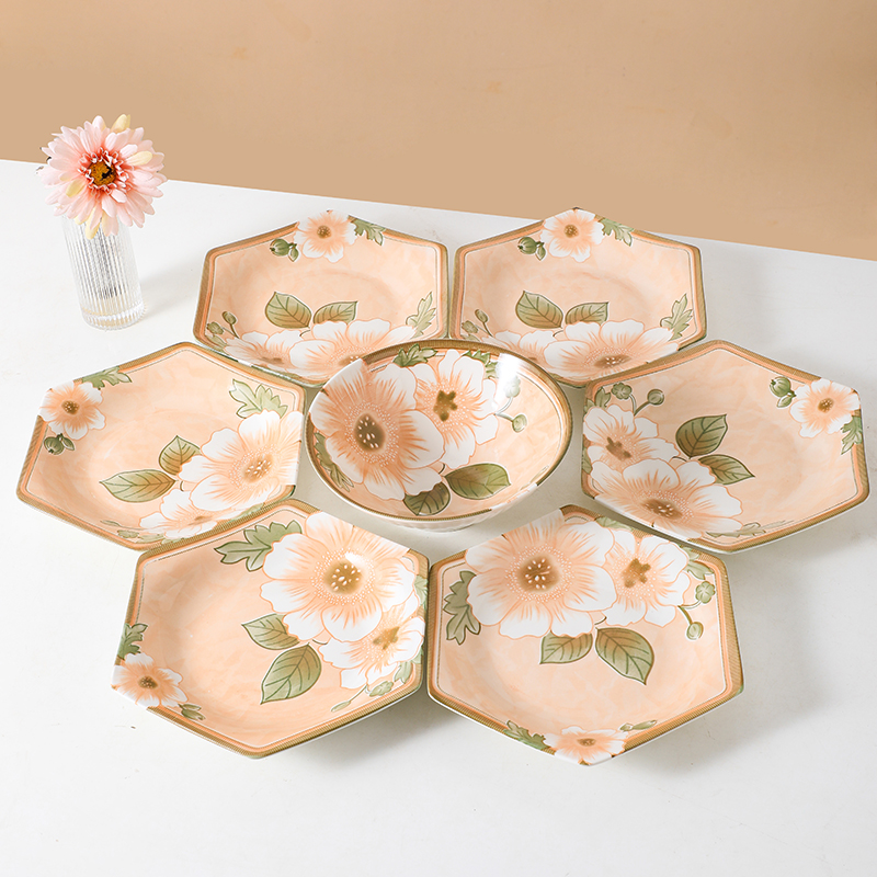 套装拼盘创意六角盘子陶瓷餐盘家用过年圆桌碗碟时尚菜盘汤碗餐具